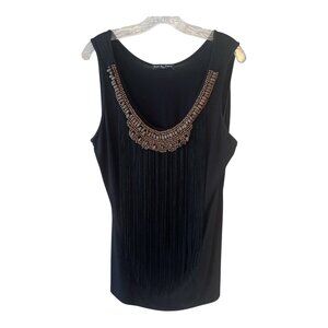 Kim & Cami Women’s XL Black Sleeveless Top – Long Fringe & Beaded Scoop Neck – M